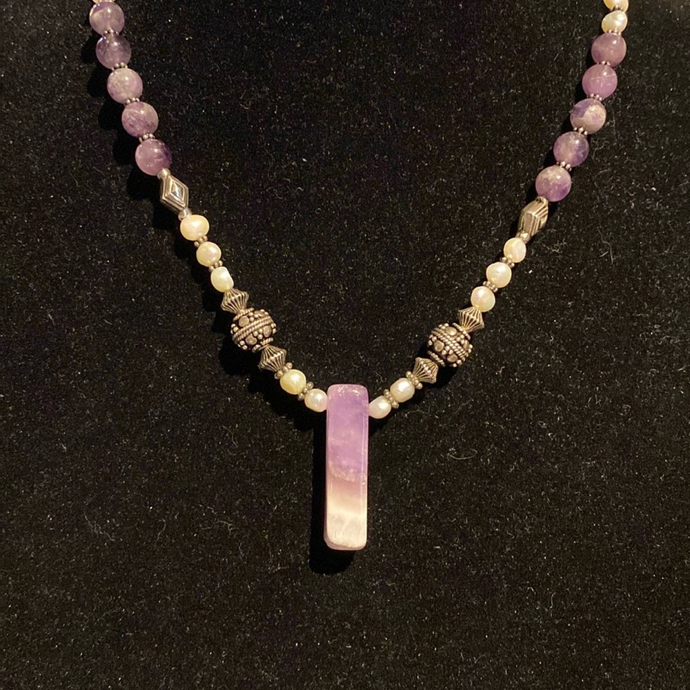 18” Amethyst, pearl and silver necklace